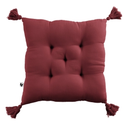 Coussin capitonné 5 points avec pompons gaze de coton 40 x 40 cm gaia lie de vin Bordeaux