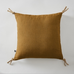 Coussin déhoussable avec pompons en lin lavé 45 x 45 cm soline Caramel