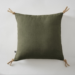 Coussin déhoussable avec pompons en lin lavé 45 x 45 cm soline thym Kaki