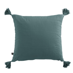 Coussin déhoussable avec pompons gaze de coton 40 x 40 cm canard Bleu