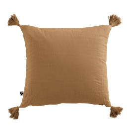 Coussin déhoussable avec pompons gaze de coton 40 x 40 cm gaia camel Marron