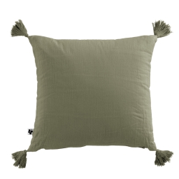 Coussin déhoussable avec pompons gaze de coton 40 x 40 cm gaia romarin Kaki