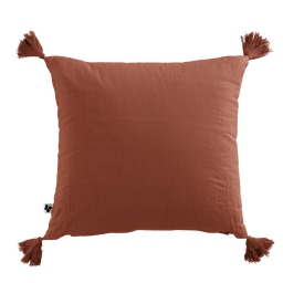 Coussin déhoussable avec pompons gaze de coton 40 x 40 cm terracotta Orange