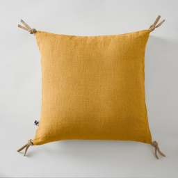 Coussin déhoussable avec pompons lin lavé 45 x 45 cm soline miel Jaune