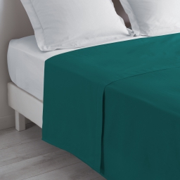 Drap plat 2 personnes 240 x 300 cm uni 57 fils lina  +point bourdon Petrole