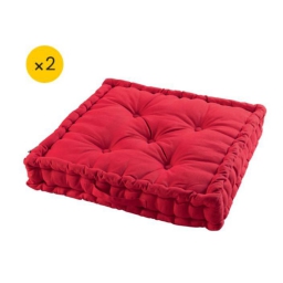 Lot de 2 Coussins de sol 60 x 60 x 10 cm coton uni panama Rouge