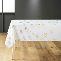 Nappe rectangle 150 x 240 cm polyester imprime metallise bloomy Blanc/or