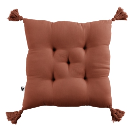 Assise matelassée 5 points avec pompons gaze de coton 40 x 40 cm terracotta Orange