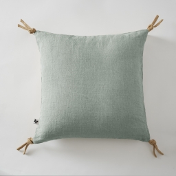 Coussin déhoussable avec pompons en lin lavé 45 x 45 cm soline Eucalyptus