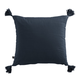 Coussin déhoussable avec pompons gaze de coton 40 x 40 cm gaia minuit Bleu foncé