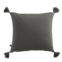 Coussin déhoussable avec pompons gaze de coton 40 x 40 cm granit Anthracite