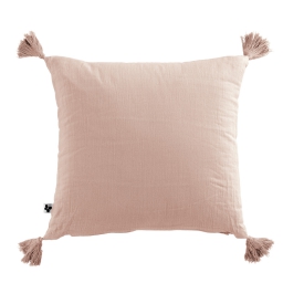 Coussin déhoussable avec pompons gaze de coton 40 x 40 cm guimauve Rose