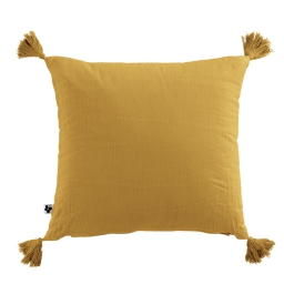 Coussin déhoussable avec pompons gaze de coton 40 x 40 cm safran Jaune