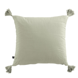 Coussin déhoussable avec pompons gaze de coton 40 x 40 cm vert d'eau Vert